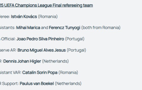 欧冠决赛巴黎VS国米裁判安排出炉 罗马尼亚名哨执法